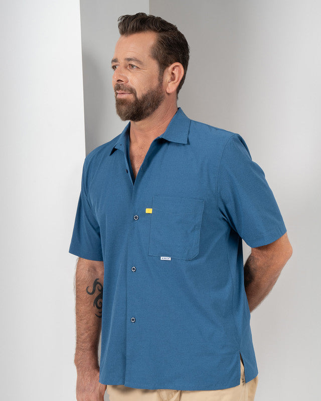 Camisa Viajero, Azul marino, vista frontal, fit Regular, Poliéster, con Tela estiramiento 4 vías, ideal para oficina