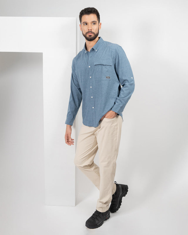 Camisa Casual Paz, Azul, detalle, fit Regular, Poliéster, con Tela estiramiento 4 vías, ideal para oficina