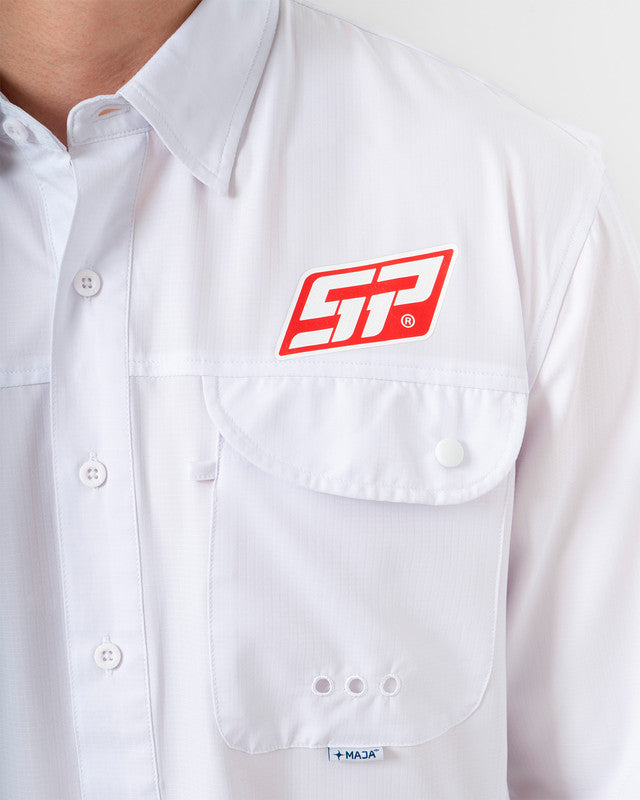 Camisa MAJA® Outdoor Signature, Blanco, vista lateral, fit Relajado, Poliéster, con Tela antidesgarro, ideal para oficina