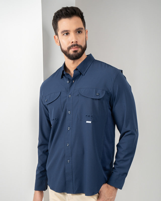 Camisa MAJA® Outdoor Signature, Azul marino, vista frontal, fit Relajado, Poliéster, con Tela antidesgarro, ideal para oficina