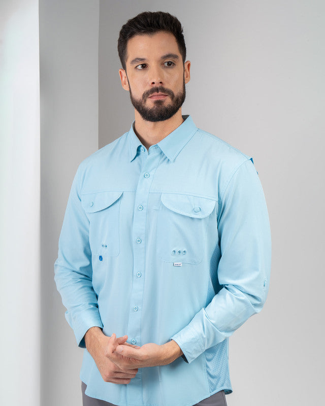Camisa MAJA® Outdoor Signature, Azul cielo, vista frontal, fit Relajado, Poliéster, con Tela antidesgarro, ideal para oficina