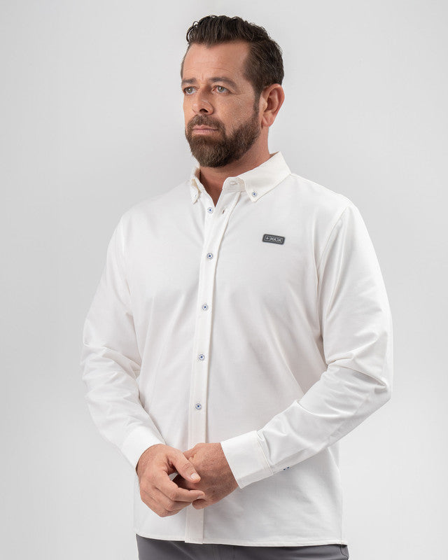 Camisa Oxford MAJA®, Blanco, vista frontal, fit Slim, Poliéster, con Tela estiramiento 4 vías, ideal para oficina