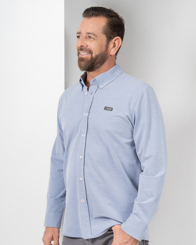 Camisa Oxford MAJA®, Azul cielo, vista frontal, fit Slim, Poliéster, con Tela estiramiento 4 vías, ideal para oficina