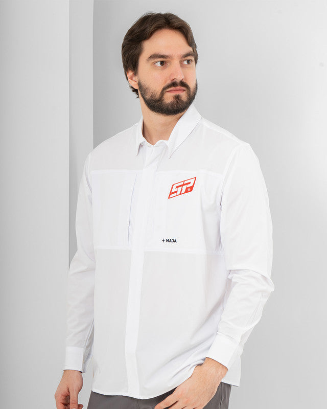 Camisa Pacífica, Blanco, vista frontal, fit Relajado, Poliéster, con Tela estiramiento 4 vías, ideal para oficina