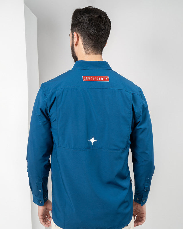 Camisa Pacífica, Azul marino, vista posterior, fit Relajado, Poliéster, con Tela estiramiento 4 vías, ideal para oficina