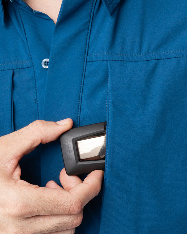 Camisa Pacífica, Azul marino, vista lateral, fit Relajado, Poliéster, con Tela estiramiento 4 vías, ideal para oficina