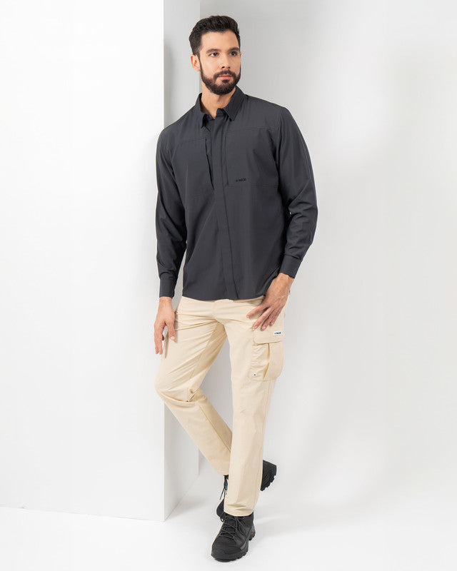 Camisa Pacífica, Negro, detalle, fit Relajado, Poliéster, con Tela estiramiento 4 vías, ideal para oficina