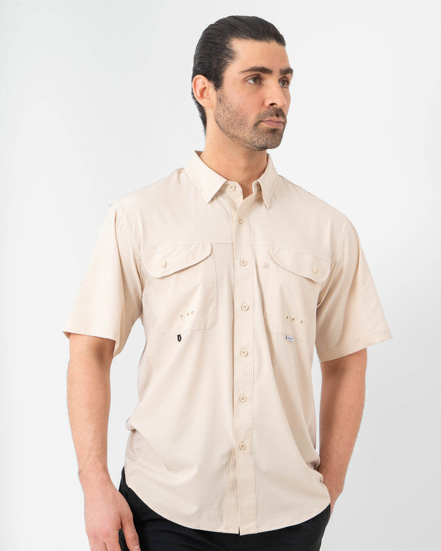 Camisa MAJA® Outdoor Signature, Khaki claro, vista frontal, fit Relajado, Poliéster, con Tela antidesgarro, ideal para oficina