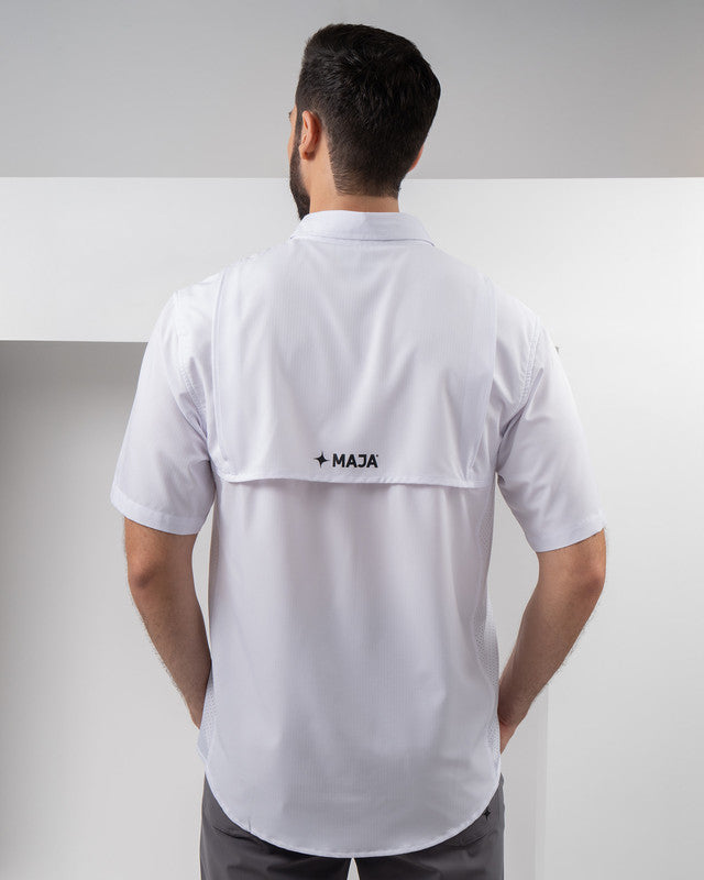 Camisa Tripulante, Blanco, vista posterior, fit Regular, Poliéster, con Paneles para ventilación, ideal para oficina
