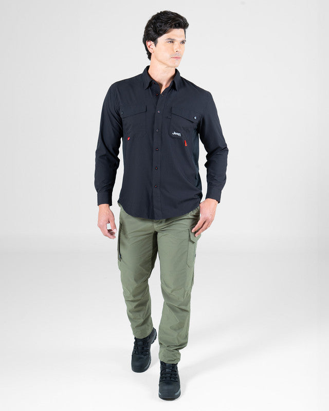 Camisa Fishing JEEP® x MAJA® Outdoor Cherokee Manga Larga, Negro, detalle, fit Relajado, Poliéster, con Tela antidesgarro, ideal para oficina