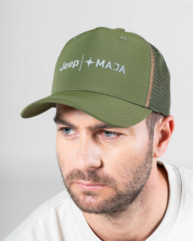 Gorra Trucker JEEP® x MAJA® Compass, Verde, vista frontal, Poliamida, protección solar y estilo casual