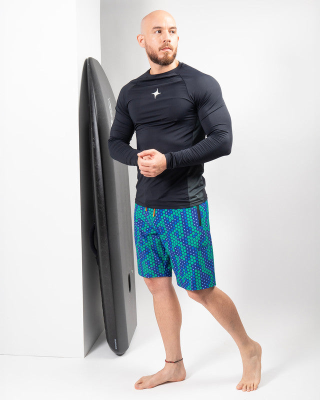 Boardshort Arrecife, Patrón arrecife azul, detalle, fit Slim, Poliéster, con Aberturas de fuga, cómoda para entrenamiento