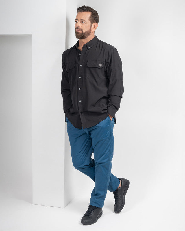 Camisa Pescadero, Negro, detalle, fit Relajado, Poliéster, con Tela estiramiento 4 vías, ideal para oficina