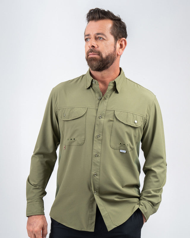 Camisa MAJA® Outdoor Signature, Olive green, vista frontal, fit Relajado, Poliéster, con Tela antidesgarro, ideal para oficina