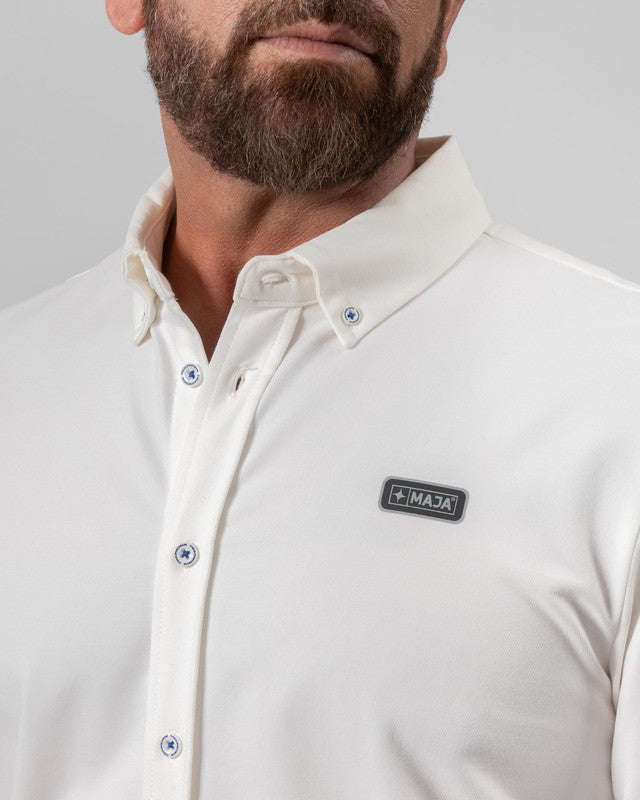 Camisa Oxford MAJA®, Blanco, vista lateral, fit Slim, Poliéster, con Tela estiramiento 4 vías, ideal para oficina