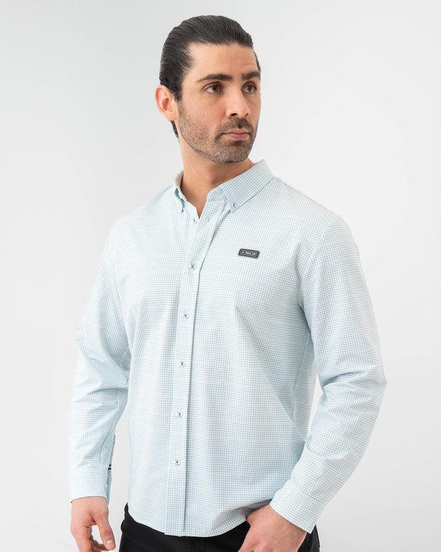 Camisa Oxford MAJA®, Blanco cuadros, vista frontal, fit Slim, Poliéster, con Tela estiramiento 4 vías, ideal para oficina