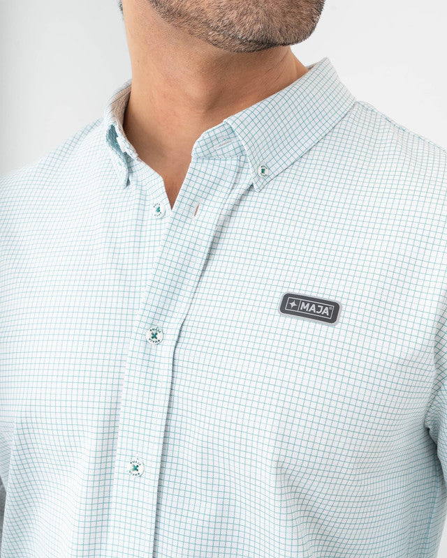 Camisa Oxford MAJA®, Blanco cuadros, vista lateral, fit Slim, Poliéster, con Tela estiramiento 4 vías, ideal para oficina