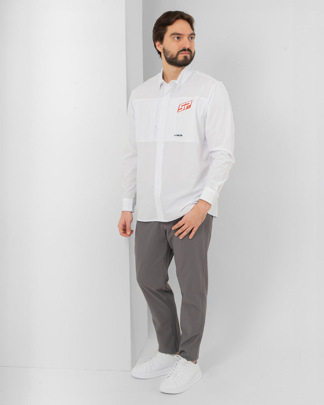 Camisa Pacífica, Blanco, detalle, fit Relajado, Poliéster, con Tela estiramiento 4 vías, ideal para oficina