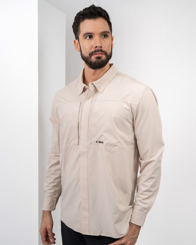Camisa Pacífica, Khaki, vista frontal, fit Relajado, Poliéster, con Tela estiramiento 4 vías, ideal para oficina