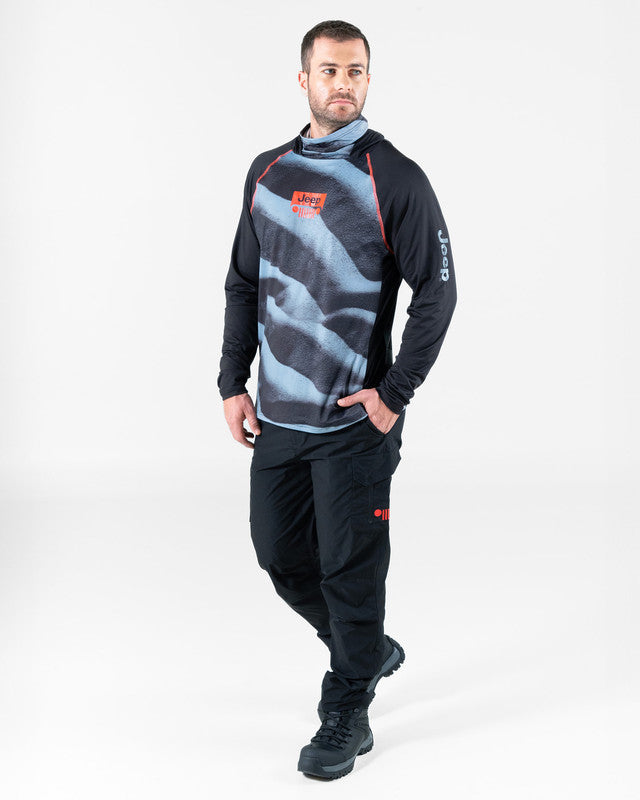 Rashguard Hoodie & Mask JEEP® x MAJA® Rubicon, Patrón duna negro, fit Relajado, Poliéster, con Páneles para ventilación, uso versátil